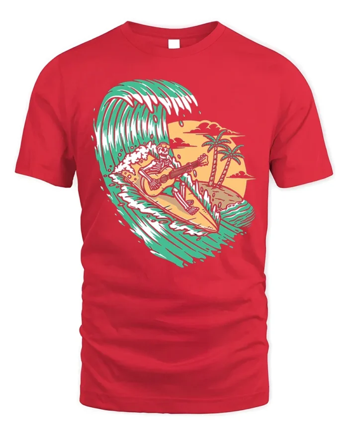 Surfing Skeleton Guitar Tropical Wave Graphic T-Shirt - red t-shirt on white background