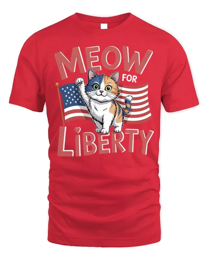 Meow For Liberty Patriotic Cat Graphic T-Shirt - red t-shirt on white background