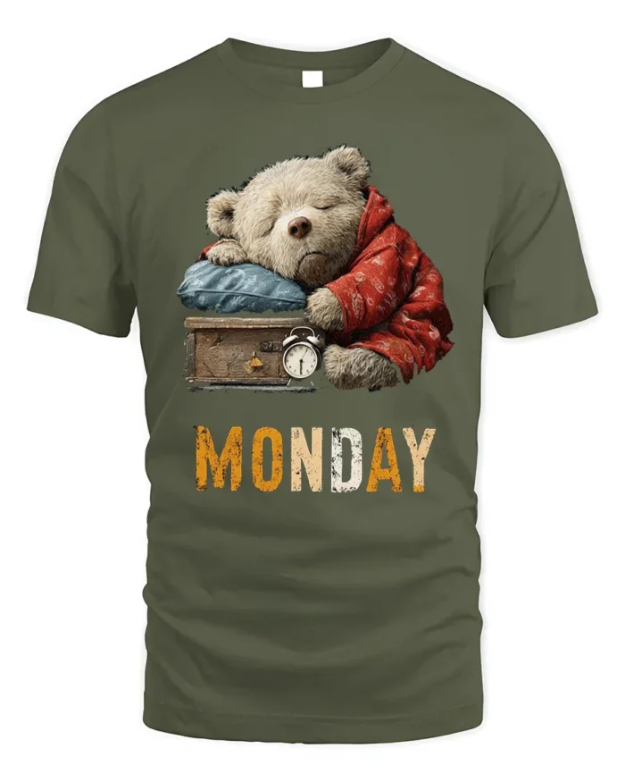 Lazy Monday Bear Graphic Printed T-Shirt for Men - military green t-shirt on white background