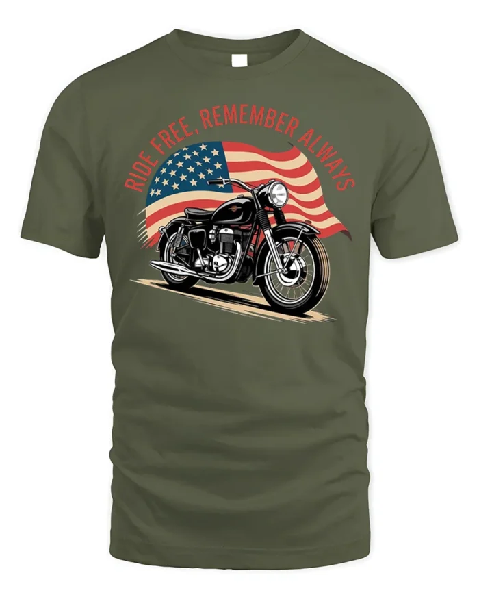 Ride Free Remember Always Motorcycle Graphic T-Shirt - military green t-shirt on white background