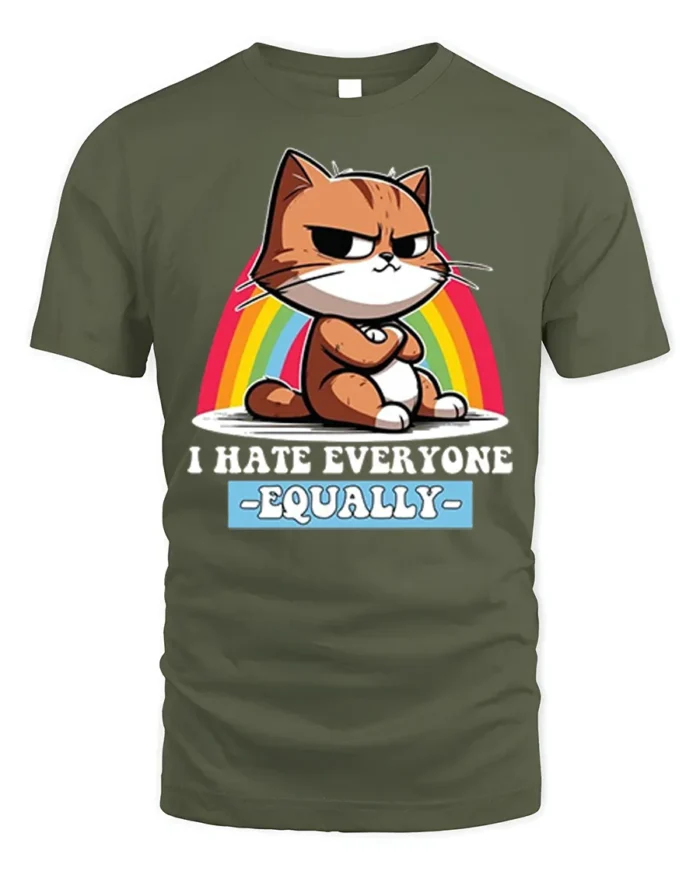 Funny Grumpy Cat I Hate Everyone Equally T-Shirt - military green t-shirt on white background