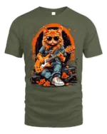Cool Rock Guitar Cat with Shades Graphic T-Shirt - military green t-shirt on white background