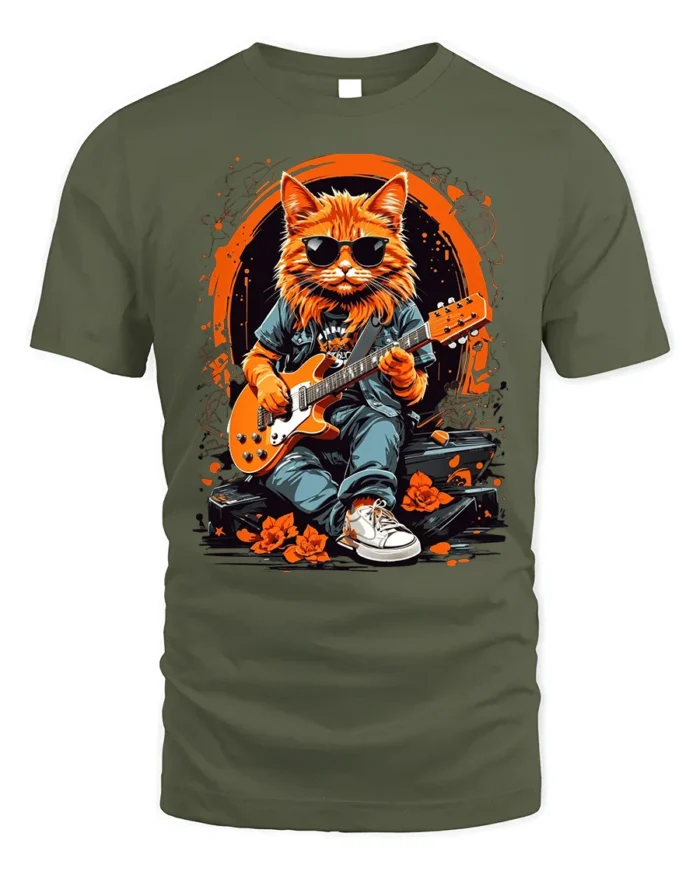 Cool Rock Guitar Cat with Shades Graphic T-Shirt - military green t-shirt on white background