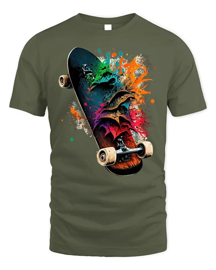 Colorful Skateboard Splash Art Graphic T-Shirt - military green t-shirt on white background