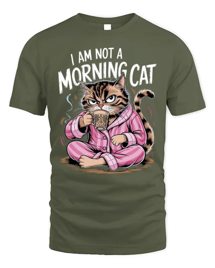 Funny Grumpy Cat Not a Morning Coffee T-Shirt - military green t-shirt on white background