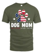 Patriotic Dog Mom USA Flag Paw Print Graphic T-Shirt - military green t-shirt on white background