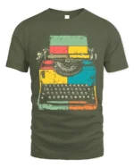 Retro Colorful Typewriter Graphic Printed T-Shirt - military green t-shirt on white background