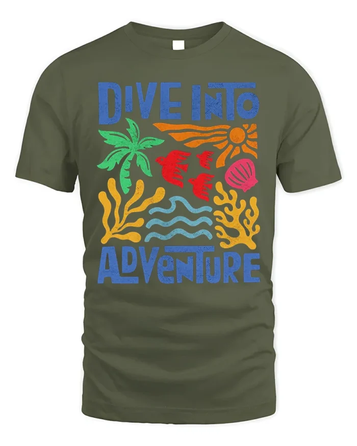 Dive Into Adventure Ocean Graphic Printed T-Shirt - military green t-shirt on white background