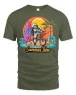 Astronaut Summer Time Surf and Bike Graphic T-Shirt - military green t-shirt on white background