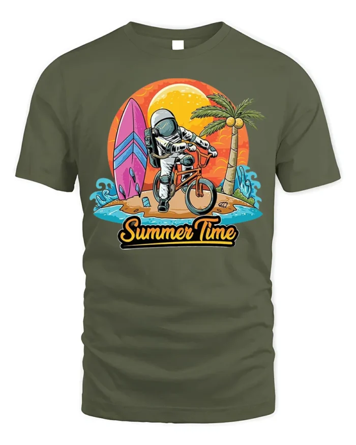 Astronaut Summer Time Surf and Bike Graphic T-Shirt - military green t-shirt on white background