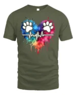 Colorful Paw Heartbeat Pet Lover Graphic T-Shirt - military green t-shirt on white background