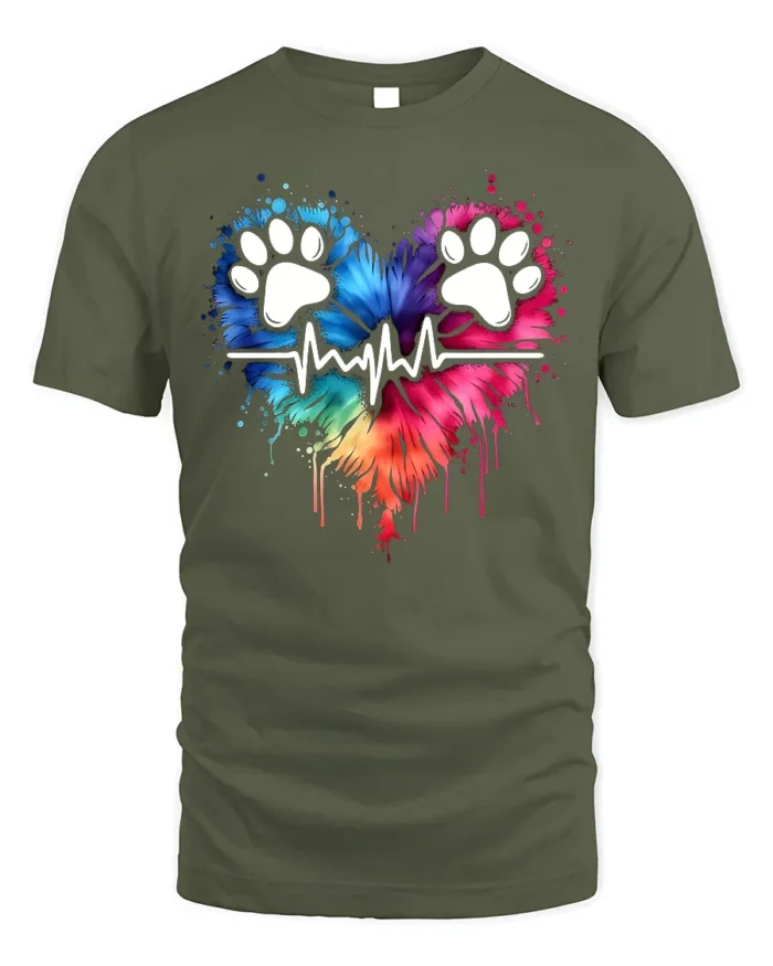 Colorful Paw Heartbeat Pet Lover Graphic T-Shirt - military green t-shirt on white background