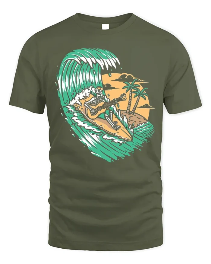 Surfing Skeleton Guitar Tropical Wave Graphic T-Shirt - military green t-shirt on white background