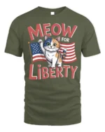 Meow For Liberty Patriotic Cat Graphic T-Shirt - military green t-shirt on white background