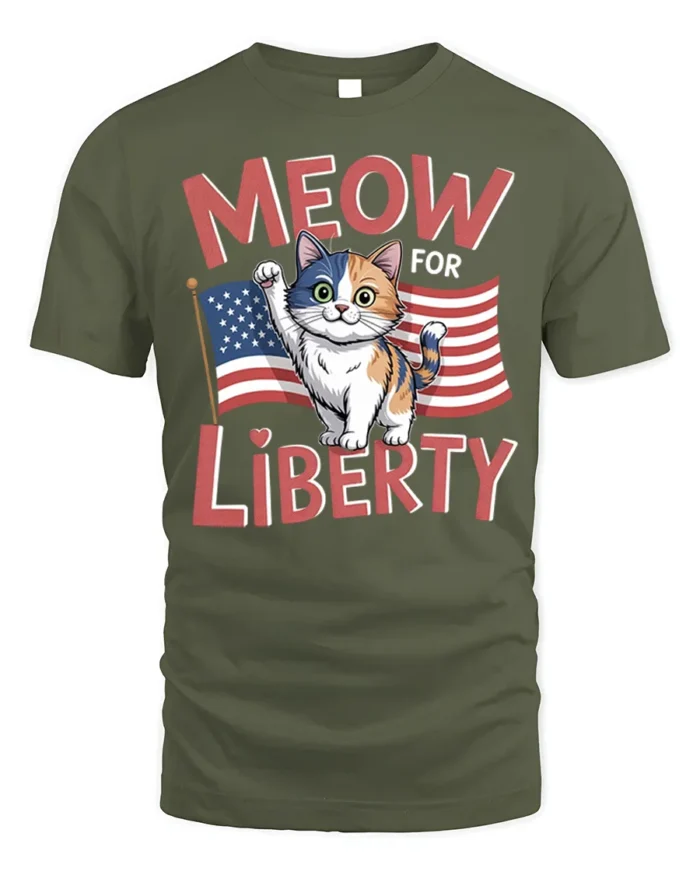 Meow For Liberty Patriotic Cat Graphic T-Shirt - military green t-shirt on white background