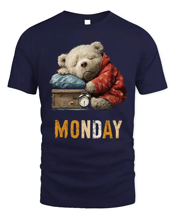 Lazy Monday Bear Graphic Printed T-Shirt for Men - navy t-shirt on white background