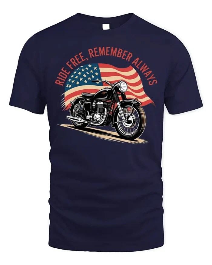 Ride Free Remember Always Motorcycle Graphic T-Shirt - navy t-shirt on white background