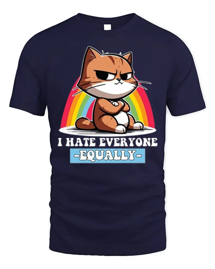 Funny Grumpy Cat I Hate Everyone Equally T-Shirt - navy t-shirt on white background