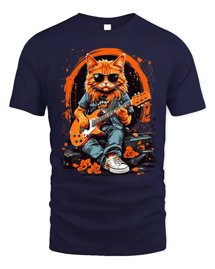 Cool Rock Guitar Cat with Shades Graphic T-Shirt - navy t-shirt on white background