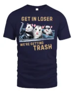 Funny Opossum Get In Loser Trash Graphic T-Shirt - navy t-shirt on white background