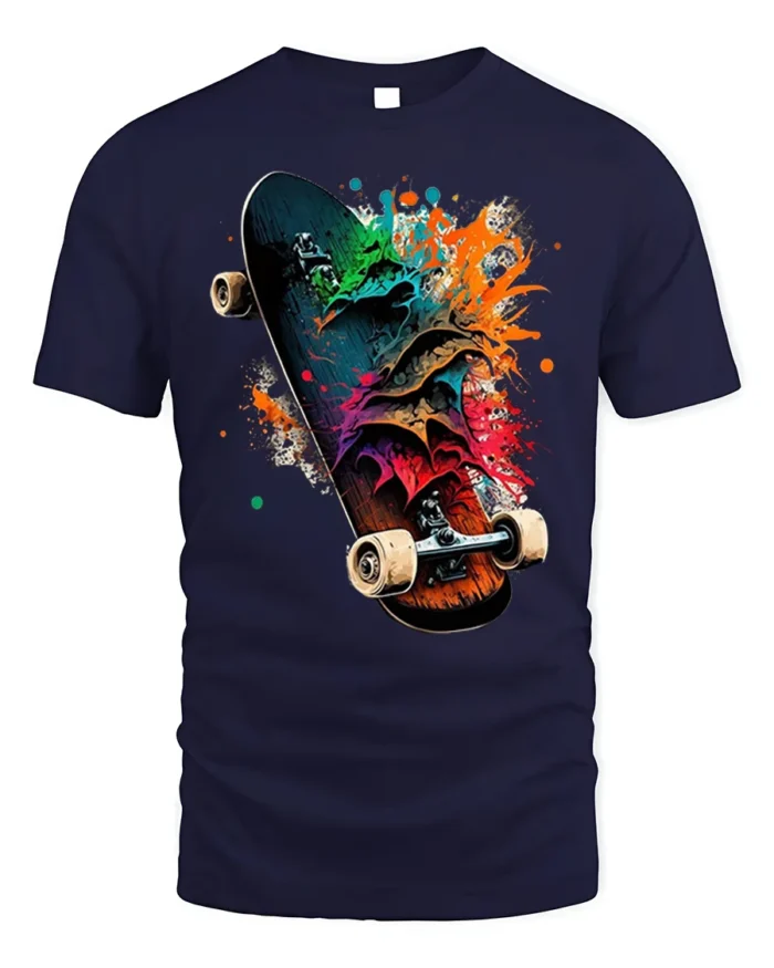 Colorful Skateboard Splash Art Graphic T-Shirt - navy t-shirt on white background