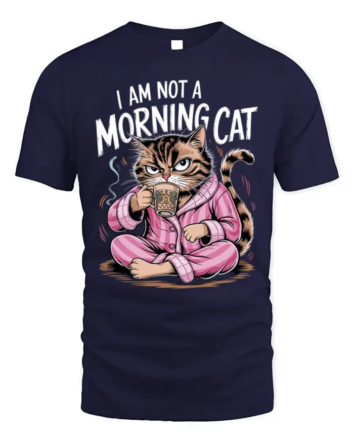 Funny Grumpy Cat Not a Morning Coffee T-Shirt - navy t-shirt on white background