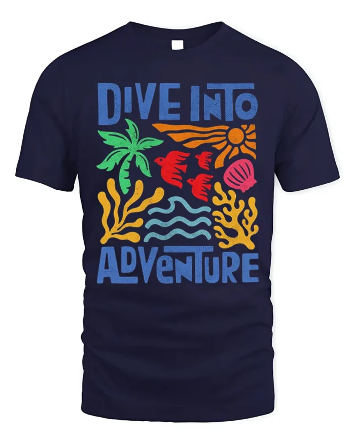 Dive Into Adventure Ocean Graphic Printed T-Shirt - navy t-shirt on white background
