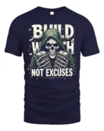 Build Wealth Not Excuses Skull Graphic T-Shirt - navy t-shirt on white background