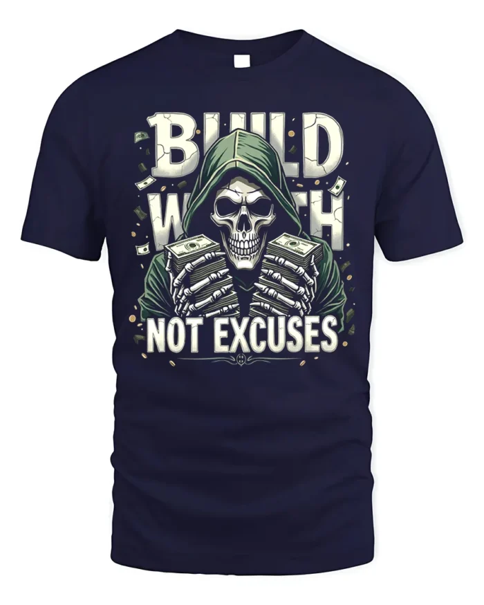 Build Wealth Not Excuses Skull Graphic T-Shirt - navy t-shirt on white background