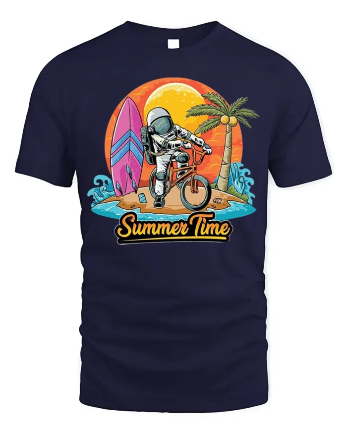 Astronaut Summer Time Surf and Bike Graphic T-Shirt - navy t-shirt on white background
