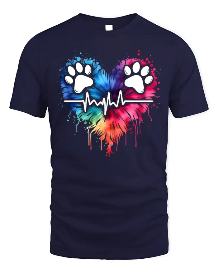 Colorful Paw Heartbeat Pet Lover Graphic T-Shirt - navy t-shirt on white background