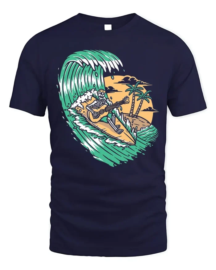 Surfing Skeleton Guitar Tropical Wave Graphic T-Shirt - navy t-shirt on white background