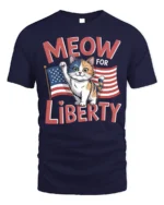 Meow For Liberty Patriotic Cat Graphic T-Shirt - navy t-shirt on white background