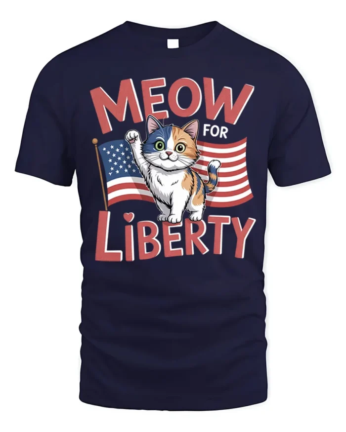 Meow For Liberty Patriotic Cat Graphic T-Shirt - navy t-shirt on white background