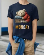Lazy Monday Bear Graphic Printed T-Shirt for Men - model wearing navy shirt, hands in pockets