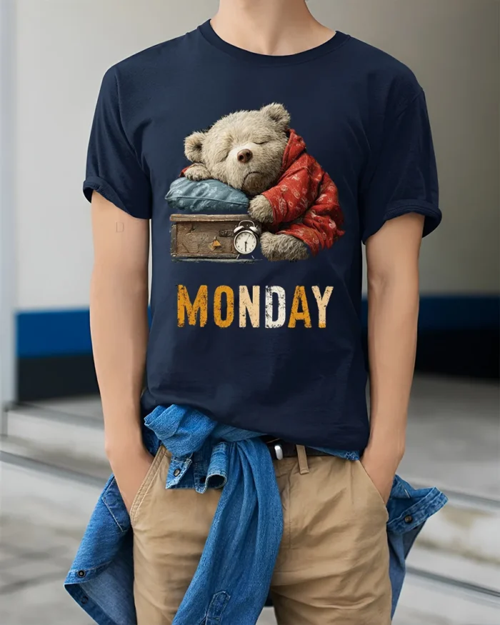 Lazy Monday Bear Graphic Printed T-Shirt for Men - model wearing navy shirt, hands in pockets