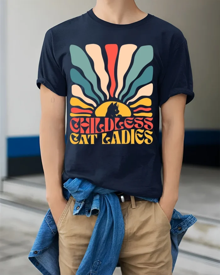 Retro Childless Cat Ladies Vintage Graphic T-Shirt - model wearing navy shirt, hands in pockets