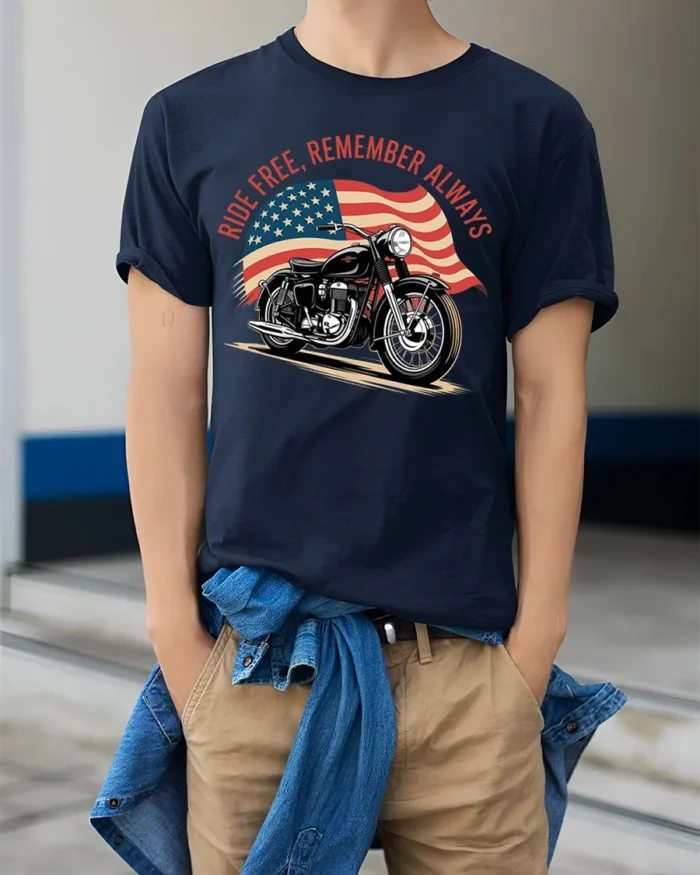 Ride Free Remember Always Motorcycle Graphic T-Shirt - model wearing navy shirt, hands in pockets