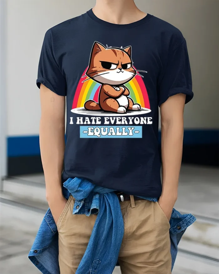 Funny Grumpy Cat I Hate Everyone Equally T-Shirt - model wearing navy shirt, hands in pockets
