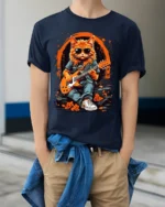 Cool Rock Guitar Cat with Shades Graphic T-Shirt - model wearing navy shirt, hands in pockets