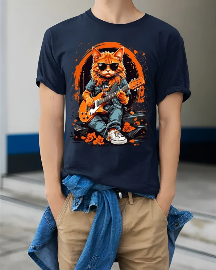 Cool Rock Guitar Cat with Shades Graphic T-Shirt - model wearing navy shirt, hands in pockets