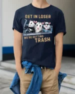 Funny Opossum Get In Loser Trash Graphic T-Shirt - model wearing navy shirt, hands in pockets
