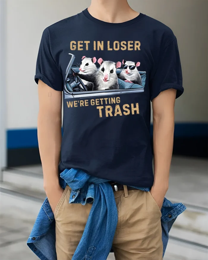 Funny Opossum Get In Loser Trash Graphic T-Shirt - model wearing navy shirt, hands in pockets
