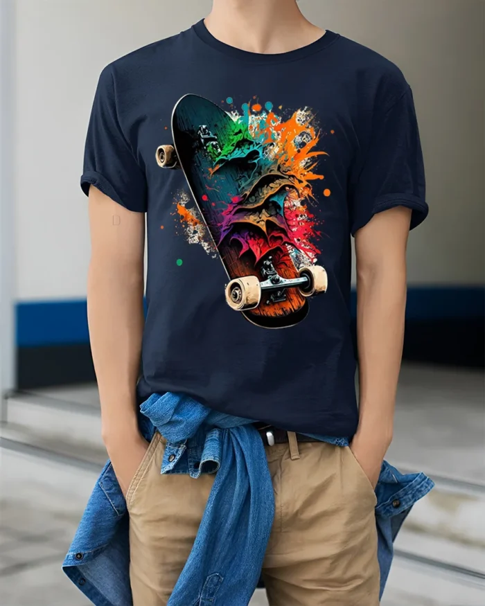 Colorful Skateboard Splash Art Graphic T-Shirt - model wearing navy shirt, hands in pockets