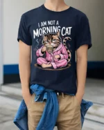 Funny Grumpy Cat Not a Morning Coffee T-Shirt - model wearing navy shirt, hands in pockets