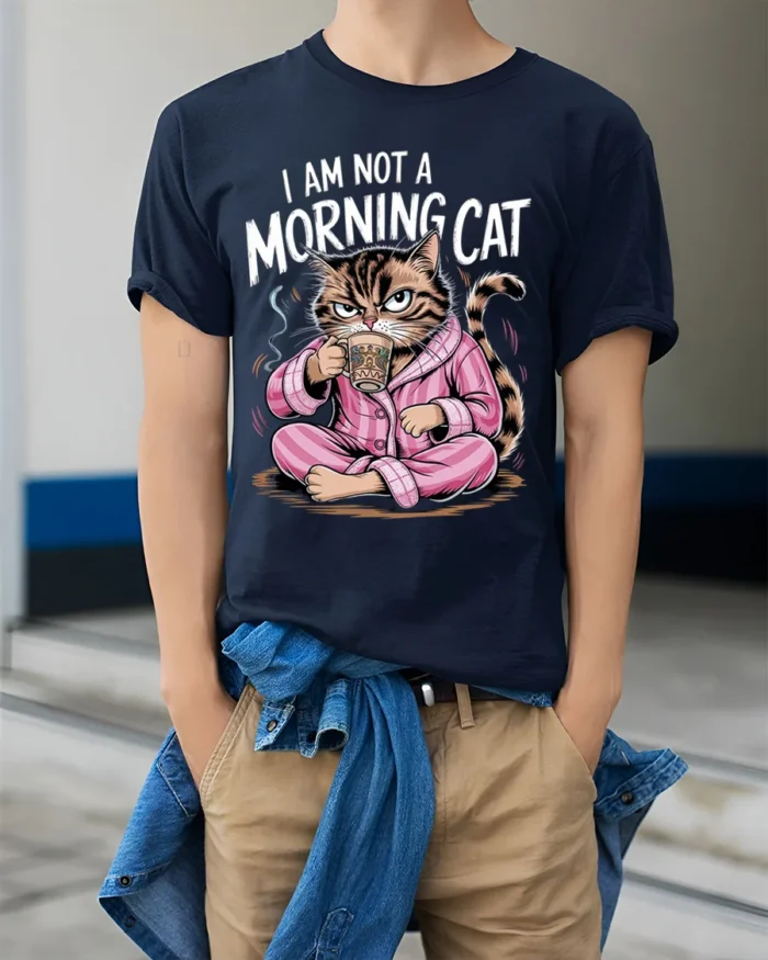 Funny Grumpy Cat Not a Morning Coffee T-Shirt - model wearing navy shirt, hands in pockets