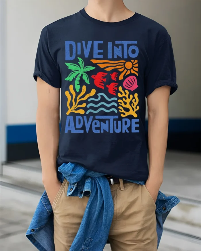 Dive Into Adventure Ocean Graphic Printed T-Shirt - model wearing navy shirt, hands in pockets