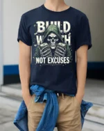 Build Wealth Not Excuses Skull Graphic T-Shirt - model wearing navy shirt, hands in pockets