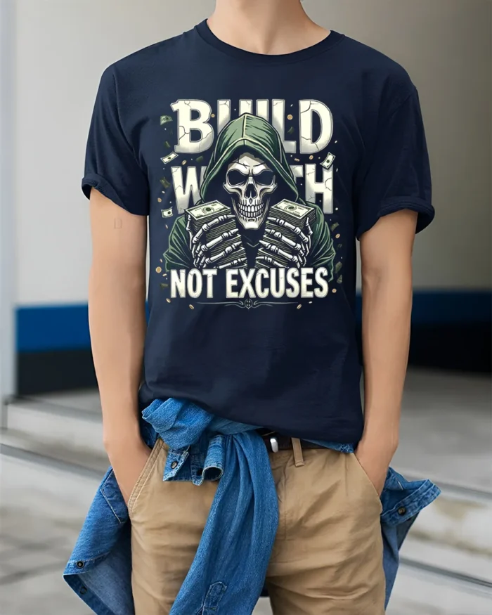Build Wealth Not Excuses Skull Graphic T-Shirt - model wearing navy shirt, hands in pockets