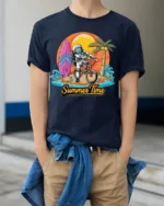 Astronaut Summer Time Surf and Bike Graphic T-Shirt - model wearing navy shirt, hands in pockets